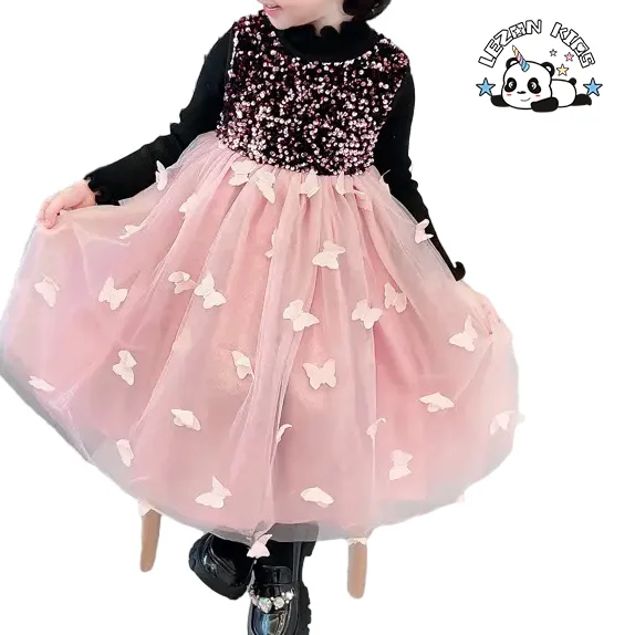 LEZONKIDS - Vestido de Outono para Meninas 2024 Novo Moda Primavera e Outono Meninas Pequenas Vestido de Princesa com Lantejoulas